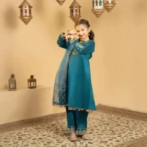 Elegant Sea Green Kids 3 Piece Embroidered Suit